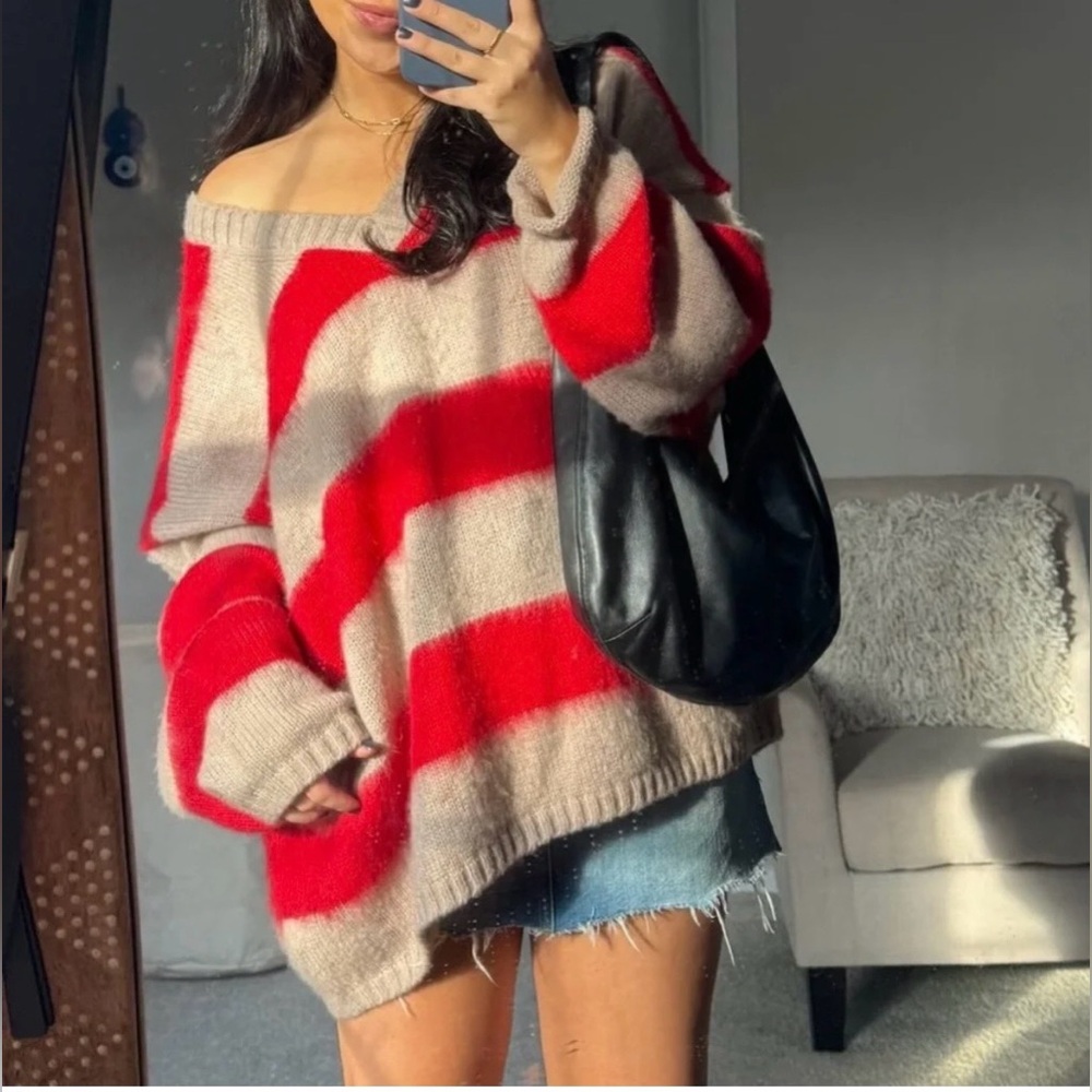 All Saints Lou V-Neck Striped Oversized Sweater